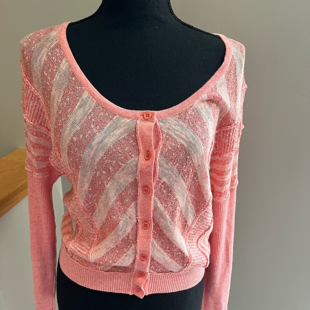Free People light weight stripe ribbed sleeve coral cardigan sweater. Size small